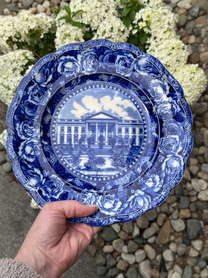Antique Flow Blue White House Washington, D.C. Cabinet Plate | Floral Border | 10” D, Excellent!