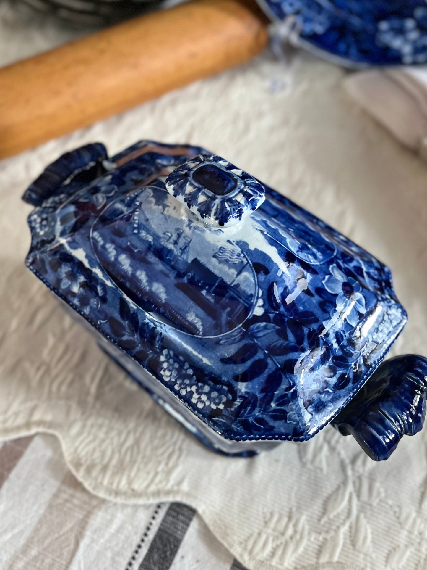 Live 08/04 Rare Historical Blue “Landing of General Lafayette” Covered Sauce Dish | Transfer-Printed Interior | Impressed Clews Warranted Stamp | Circa 1825 - Estate Collection