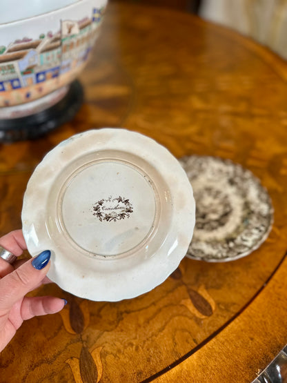 Pair Antique English Corinthian Brown Transferware Pearlware Plates, c. 1830s–1840s
