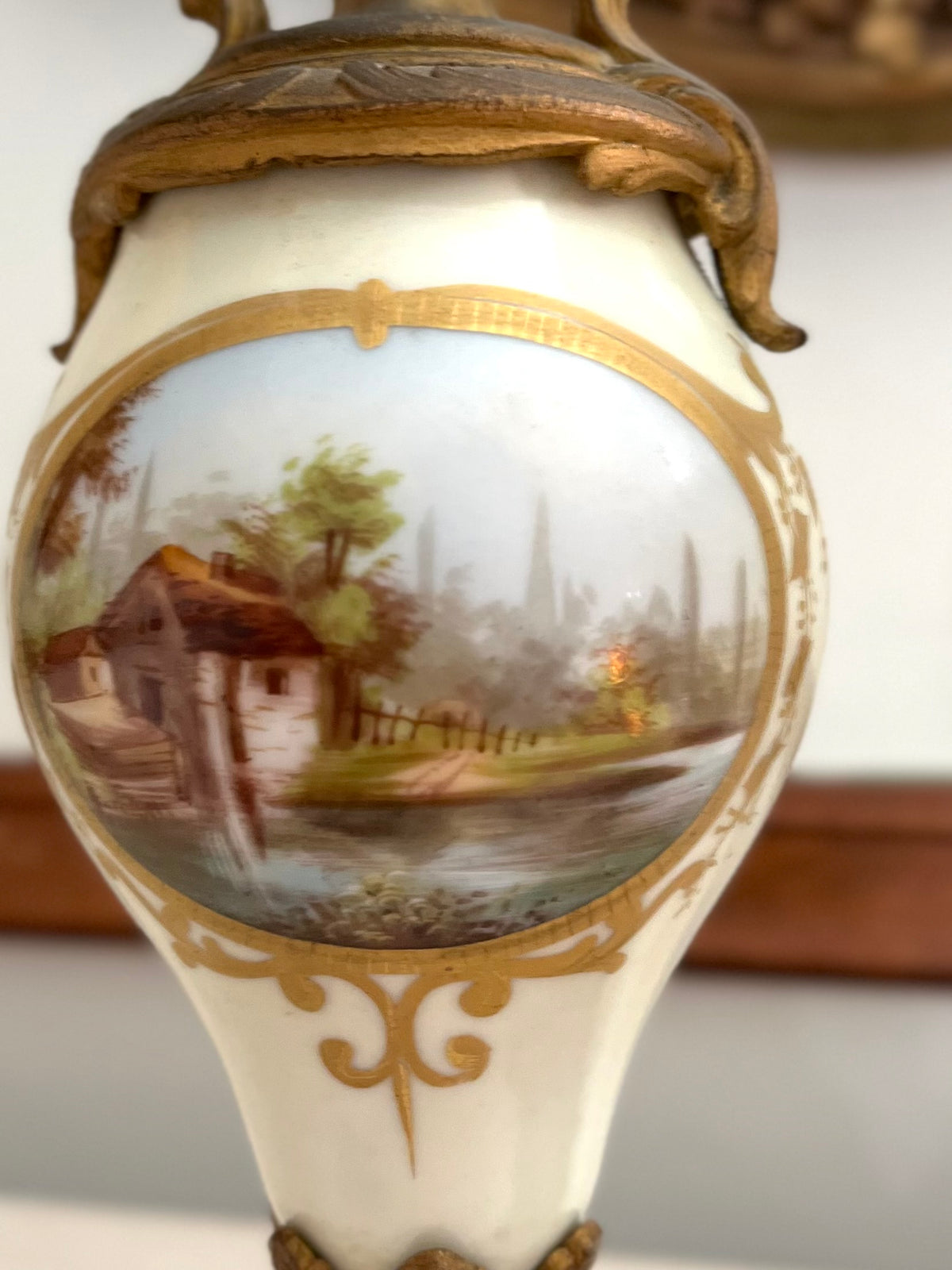 Pair of French Hand-Painted Pastoral Porcelain & Bronze Garniture Urns