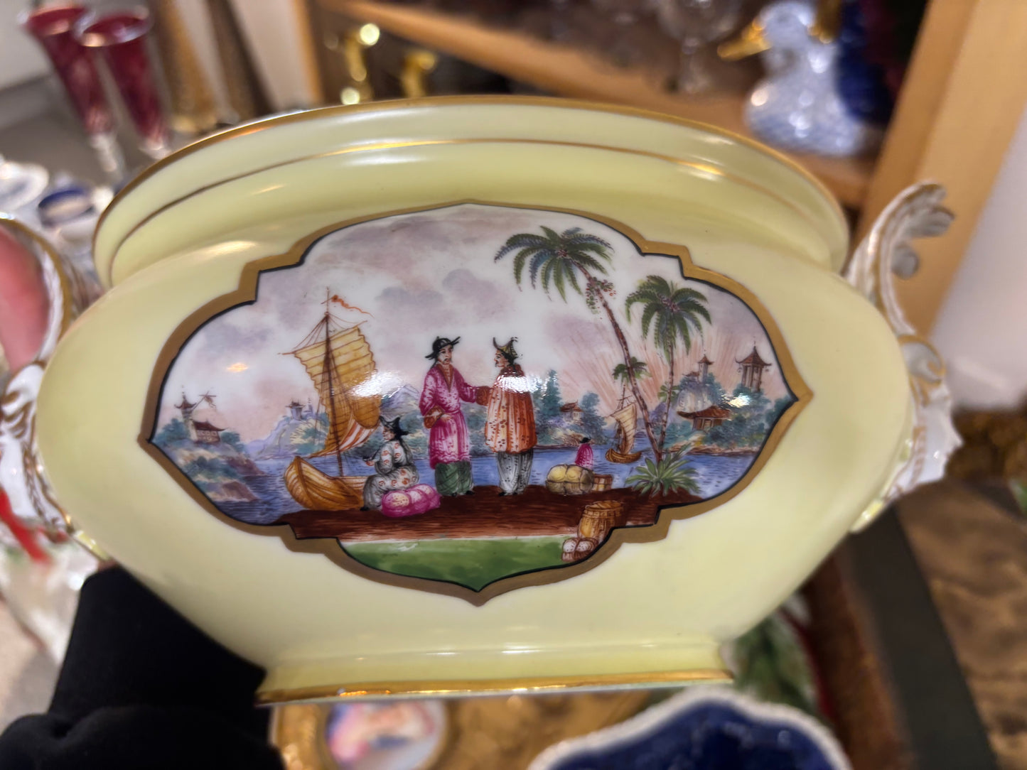 Stunning Dresden lidded tureen with vivid scenes, gold detailing, and lovely handles!