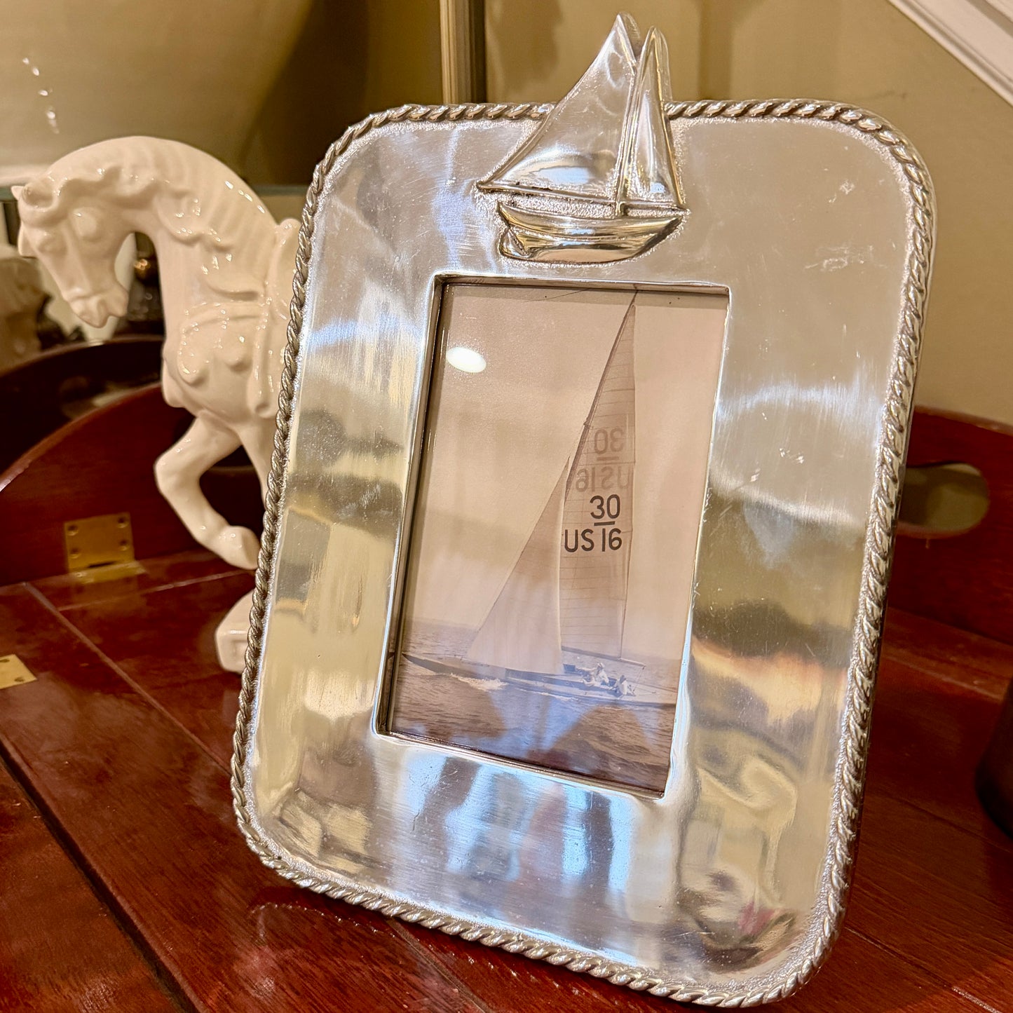 Massive Designer Mariposa vintage silver sailboat photo frame