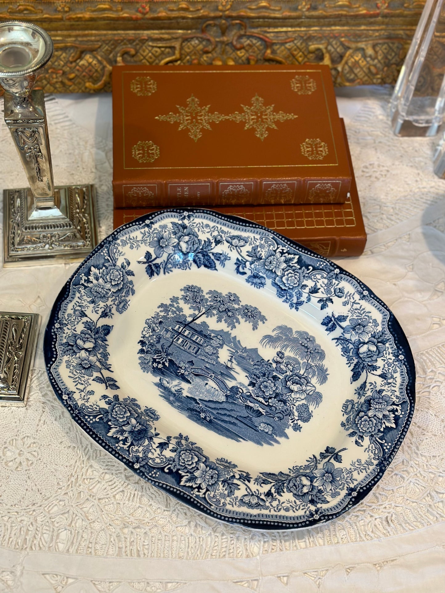 Vintage Blue & White Clarisse Cliff Oval Platter, 14x11" - Pristine!