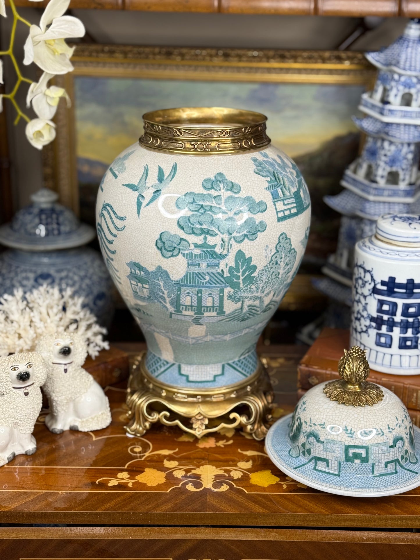 Danny's Fine Porcelain: Turquoise Willow Pattern Bronze Ormolu Temple Jar: 19”Tall,10Lx10W