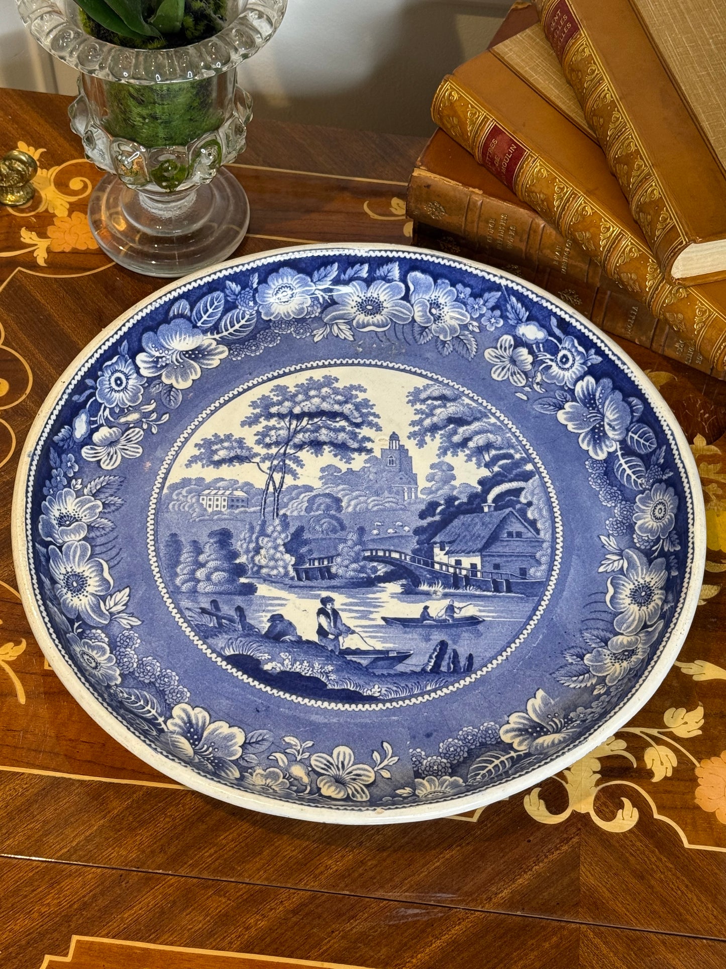 RESERVED - ROOTBERNADETTE- Antique John Meir Staffordshire “River Fishing” Pedestal Dish | Blue & White Transferware | Wild Rose Border | c. 1820s–1830s