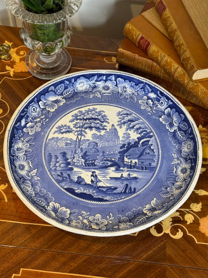 RESERVED - ROOTBERNADETTE- Antique John Meir Staffordshire “River Fishing” Pedestal Dish | Blue & White Transferware | Wild Rose Border | c. 1820s–1830s