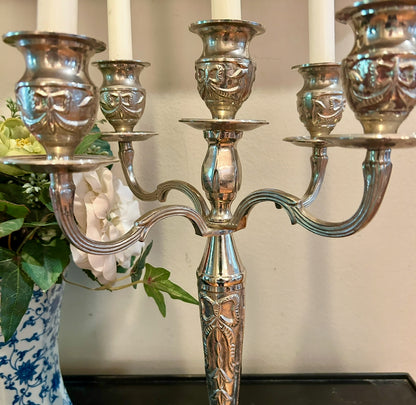 Single spectacular heavy silver plate bow & baroque triple candelabra