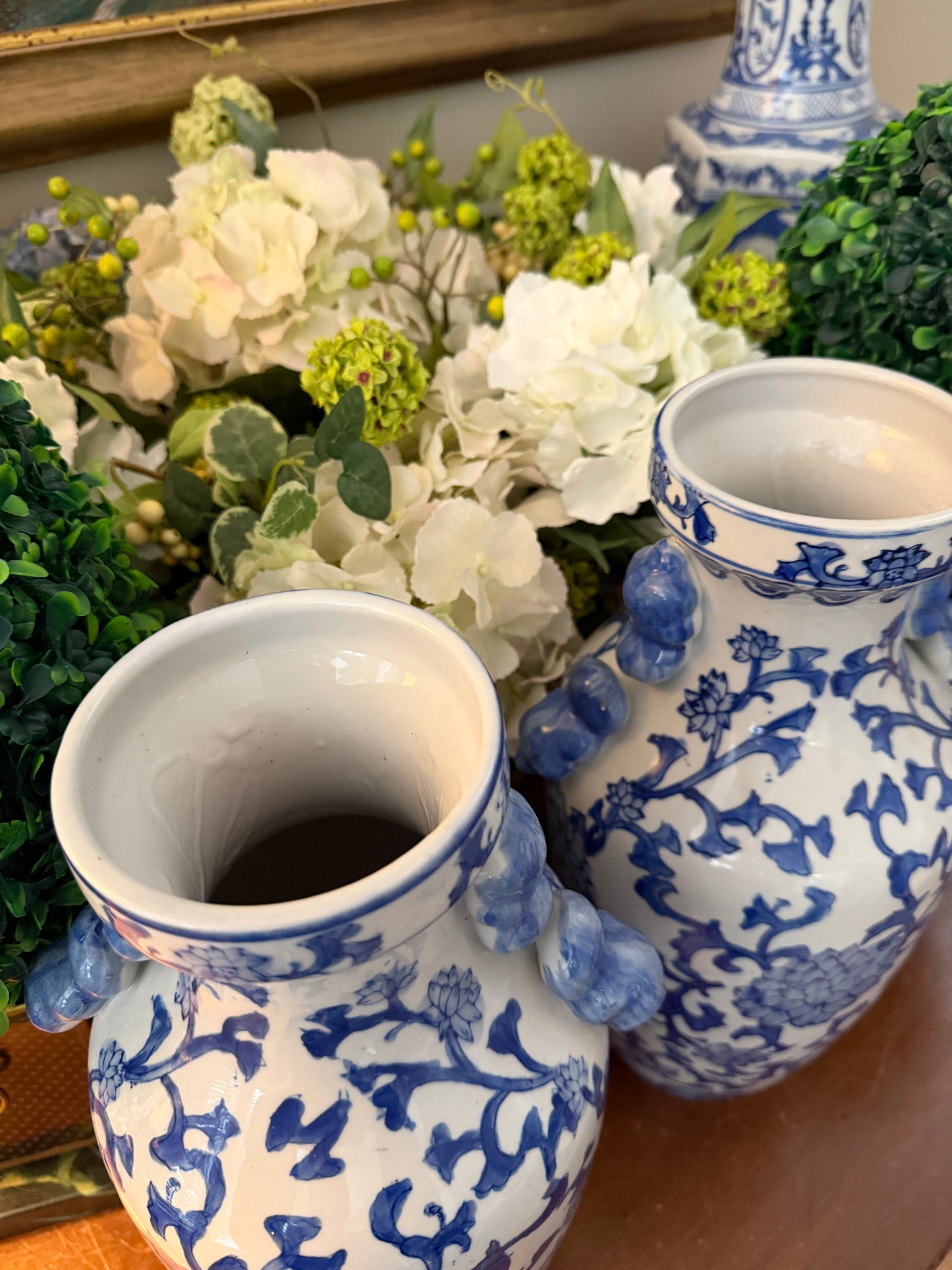 Statuesque Perfect Pair of  blue & white chinoiserie floral 12in vases.
