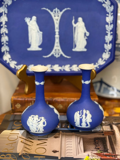 Wedgwood Cobalt Jasperware 5.5” Tall Vase Pair AS IS