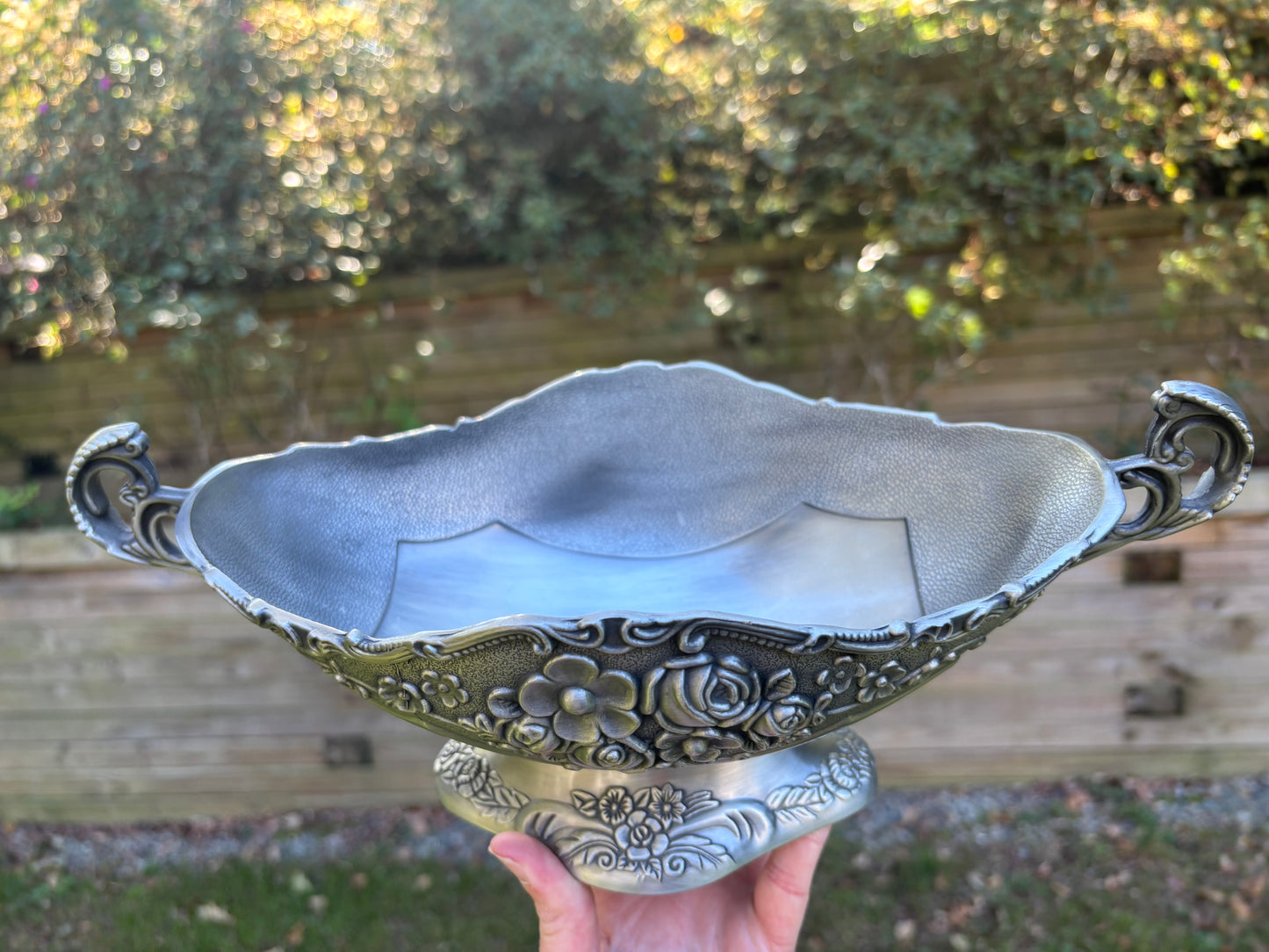 Beautiful ornate floral compote pedestal oval bowl with handles!