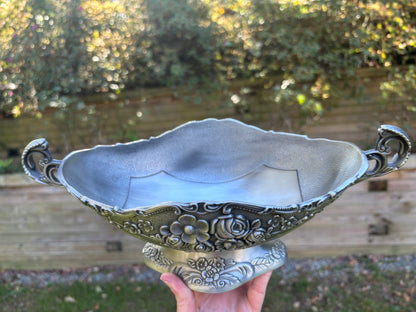 Beautiful ornate floral compote pedestal oval bowl with handles!
