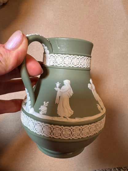 Live 06/15 sage green Wedgwood pitcher has repair