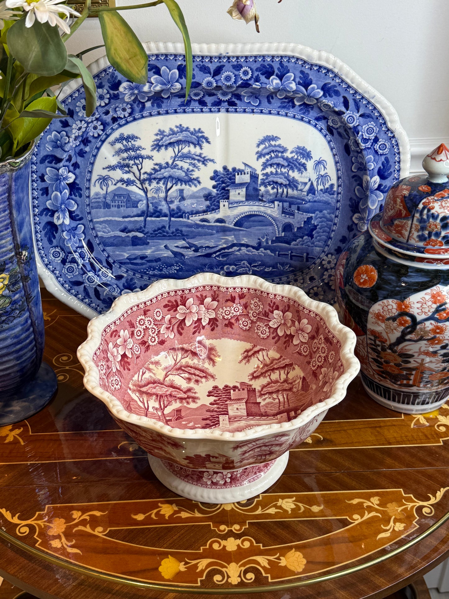 Antique Copeland Late Spode Pink/Red Tower Transferware Pedestal Bowl, 11.25” Diameter x 5.25” Tall, c. 1895–1910