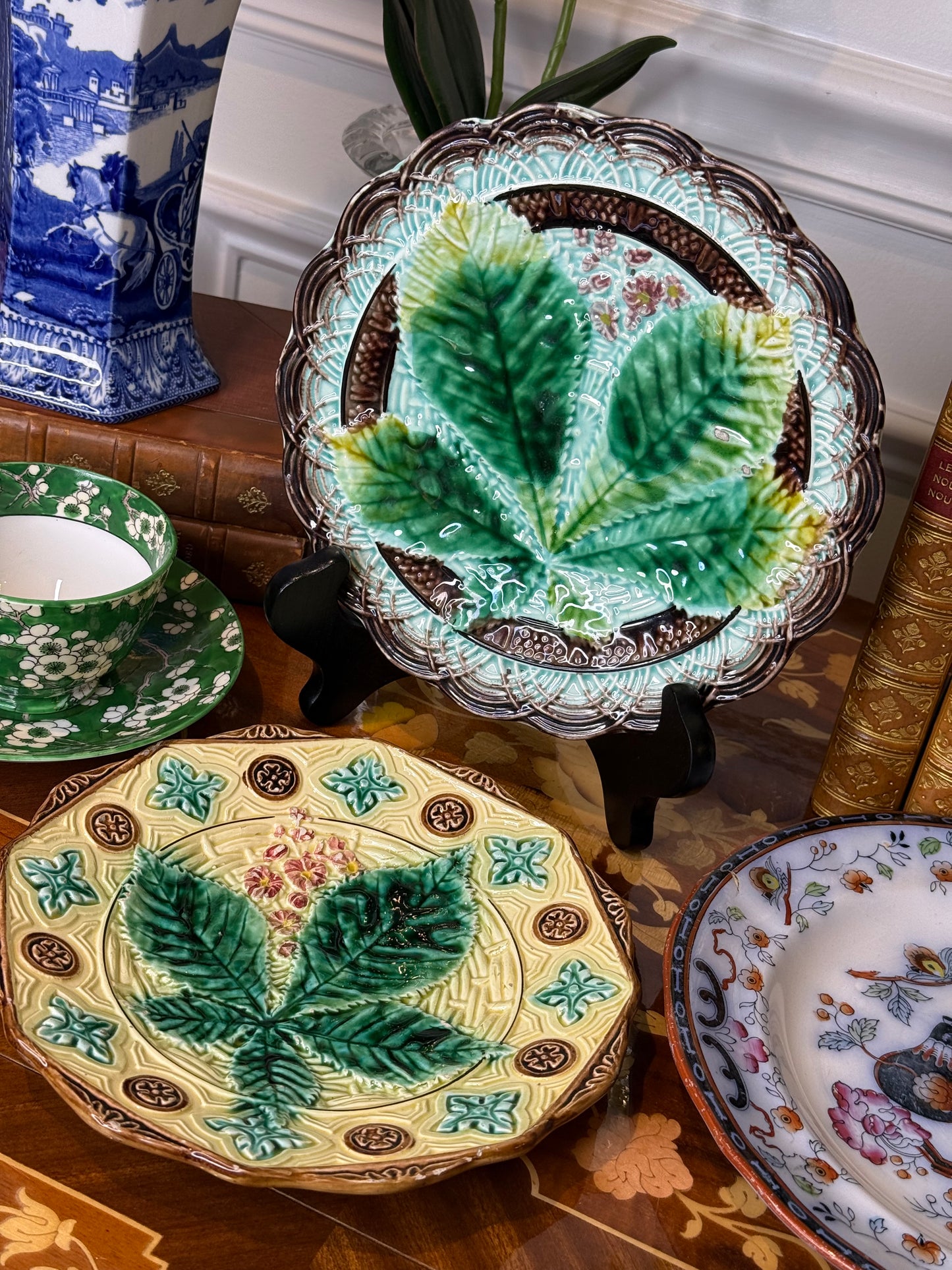 Pair of Antique English Majolica Botanical Plates | Grape Vine & Horse Chestnut Leaf | Victorian Cabinet Plates | 7¼” & 7¾”