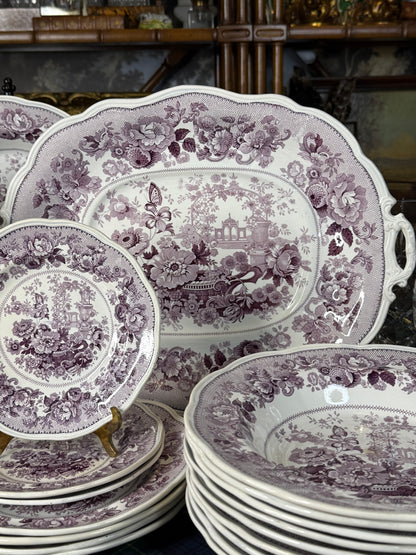 39 Pieces, Circa 1840 | Antique English Staffordshire “Canton Garden”Lavender/ Mulberry Transferware Dinner Service