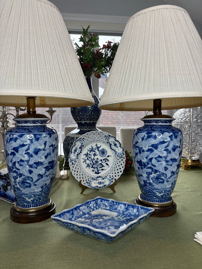 Reserved for Maria Pair of Frederick Cooper Blue & White Lamps featuring flying cranes
