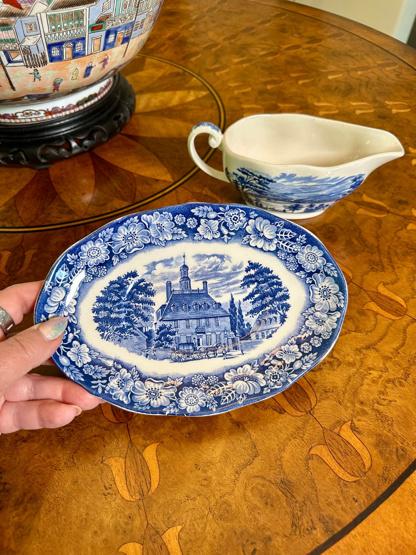 Vintage Liberty Blue Gravy Boat with Underplate | Enoch Wedgwood | Bicentennial Transferware