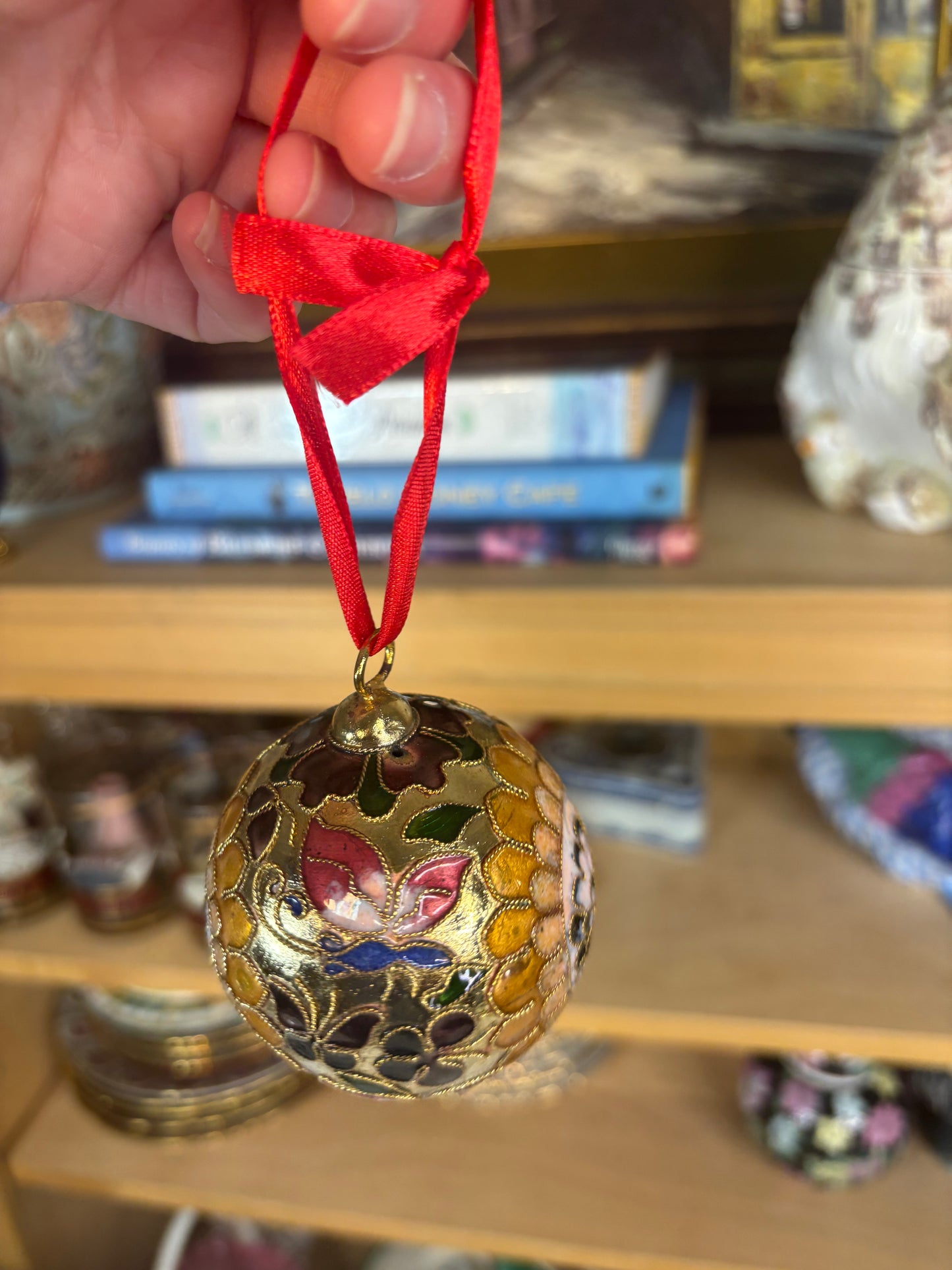 Beautiful sunflower cloisonné ornament with butterflies!