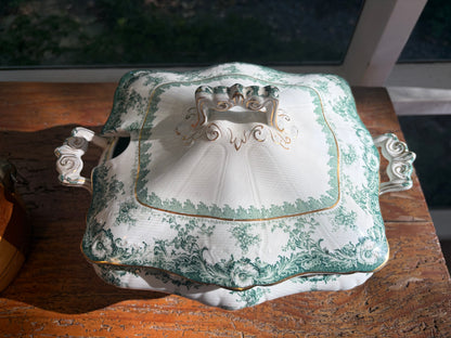 Stunning antique John Maddock and sons green transferware lidded tureen with gold detailing!