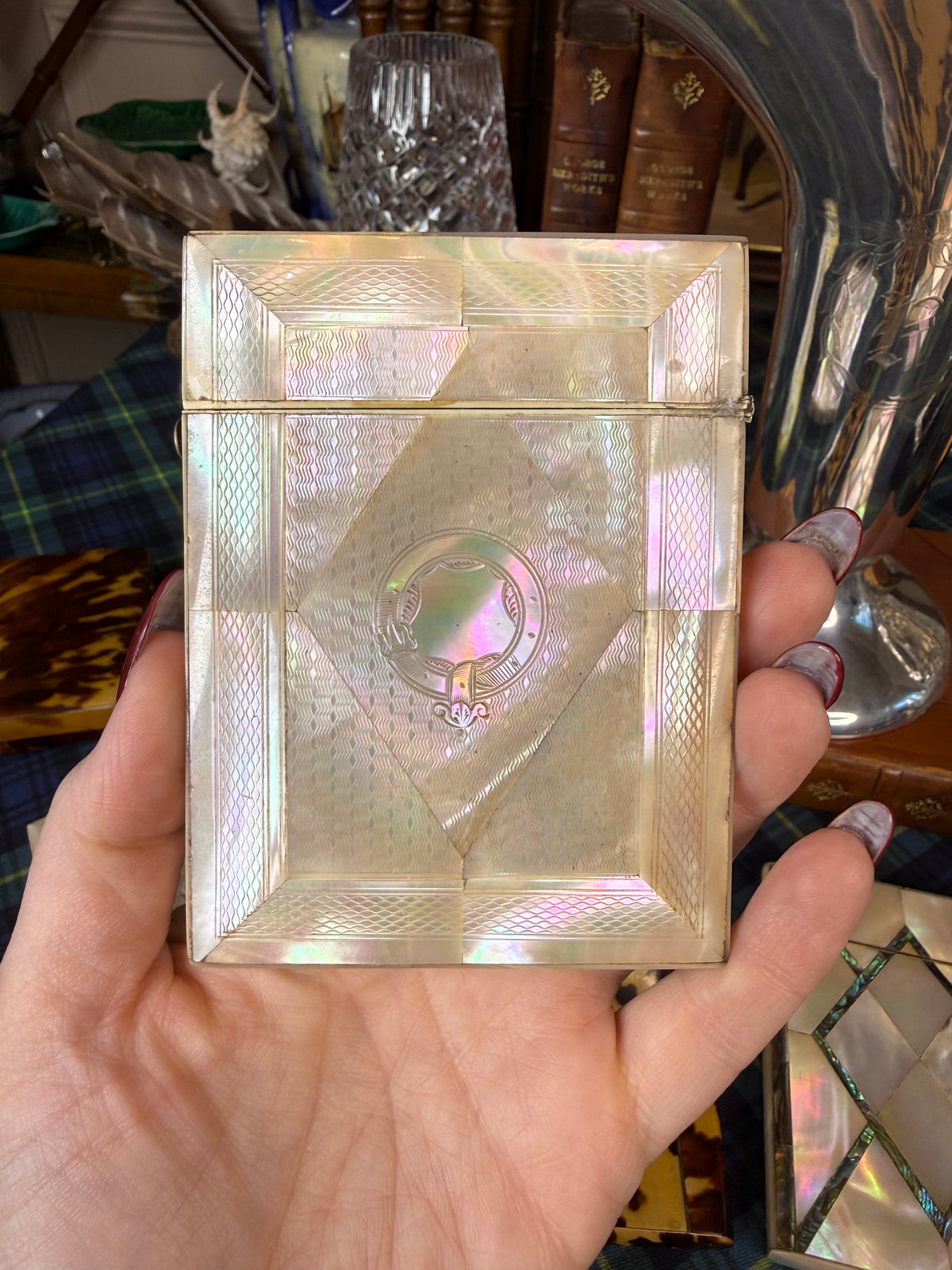 Antique Mother-of-Pearl Calling Card & Credit Card Case | Engraved Cartouche | 3” × 4”