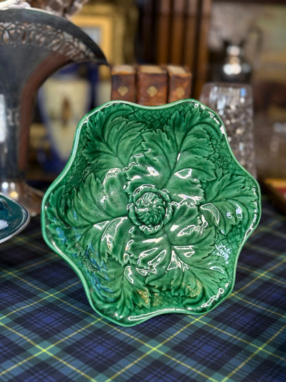 Antique Wedgwood Green Majolica Leaf & Floral Comport | 8.5”W × 4.25”H | DA4610