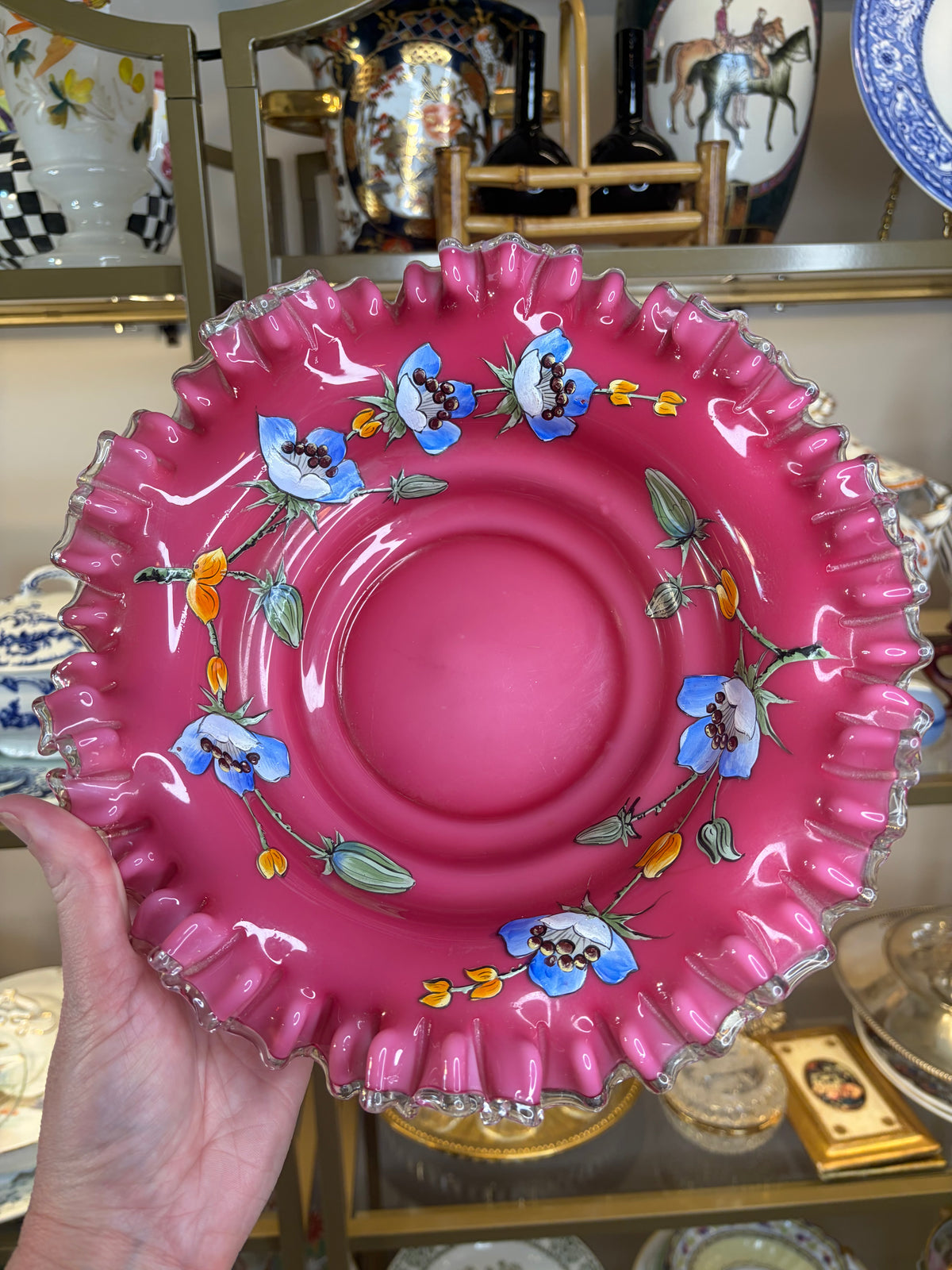 Stunning handpainted floral and pink ruffled edges bowl!