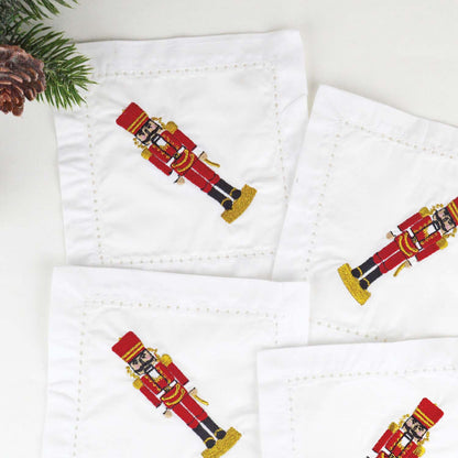 Embroidered Nutcracker Cocktail Napkins – Boxed Set of 4 | 100% Cotton Holiday Napkins
