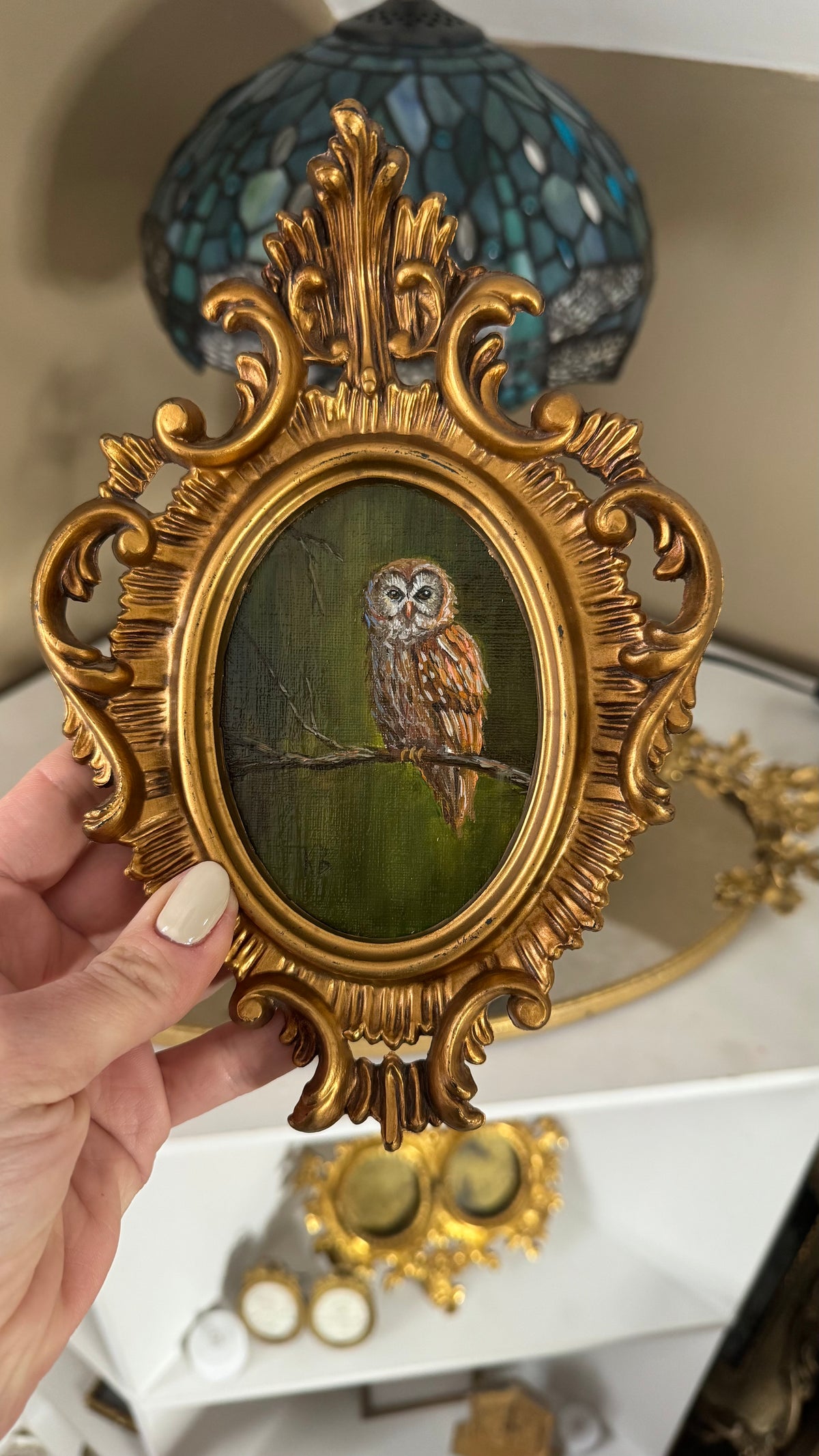 Day 6 challenge owl original oil painting in wooden vintage frame