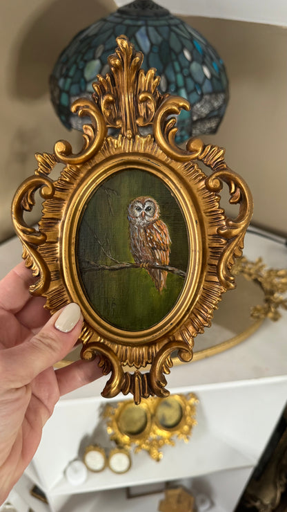 Day 6 challenge owl original oil painting in wooden vintage frame