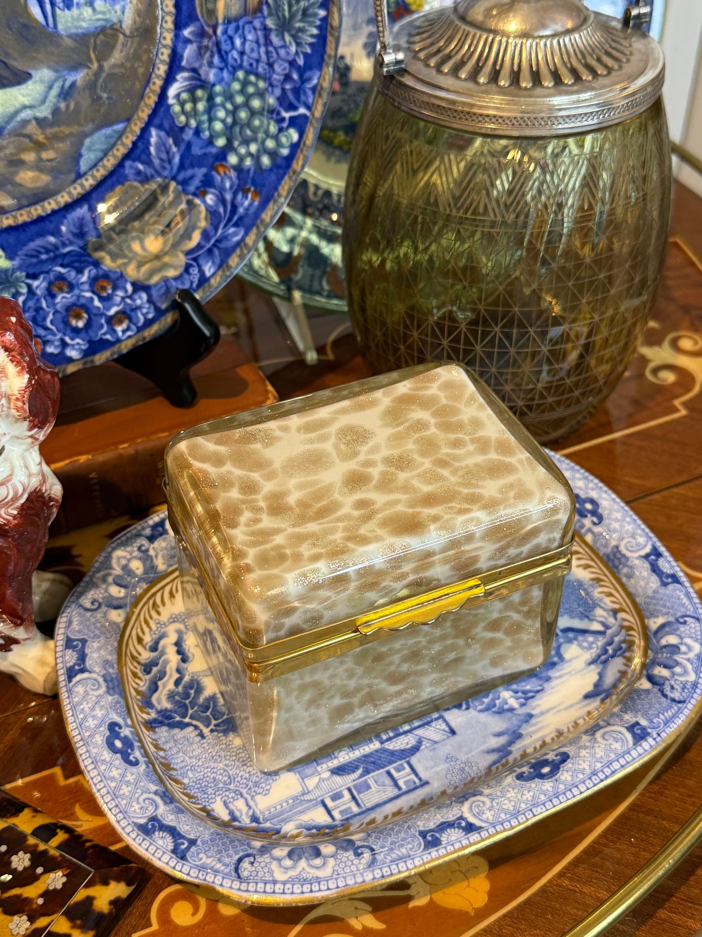 Vintage Murano Art Glass Casket Box | Aventurine & White Mottled Glass | Brass Mounted Trinket Box | 5” x 4” x 3”