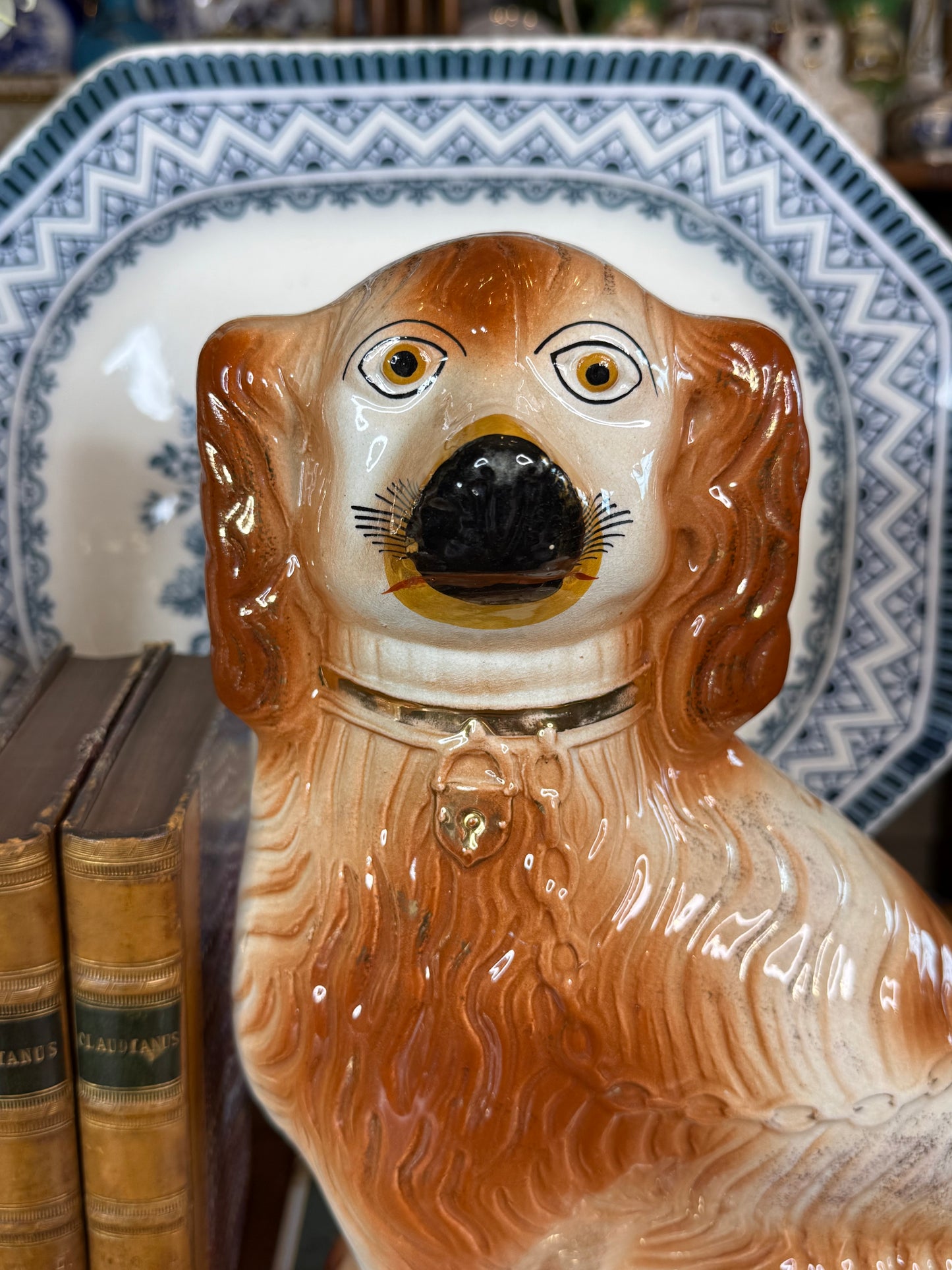 Pair Antique Victorian Staffordshire Spaniel Dogs | Large 14” Mantel Dogs | England c.1870–1890