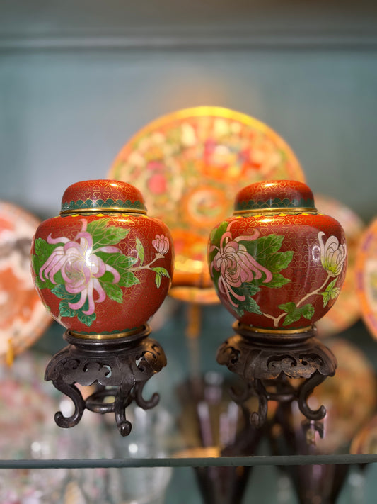 Vintage Pair of Rust Colored Peony Cloisonné Jars on Wood Stands