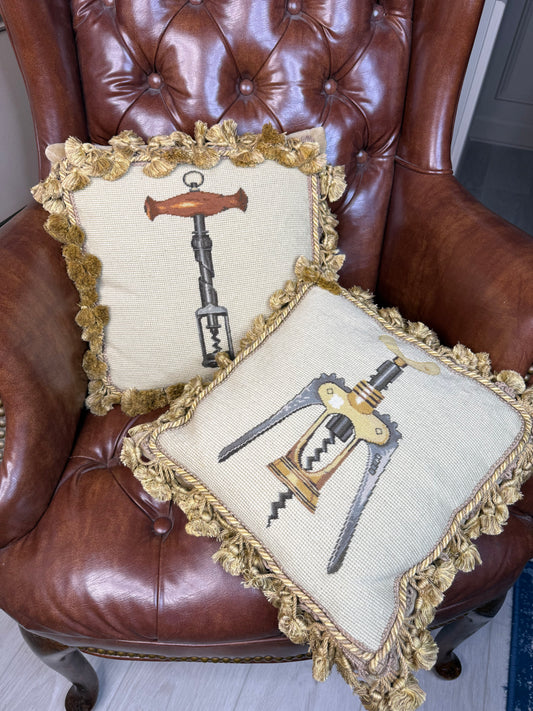 Vintage Needlepoint Corkscrew Pillow Pair | Velvet Backing & Tassel Trim | 13” × 13”