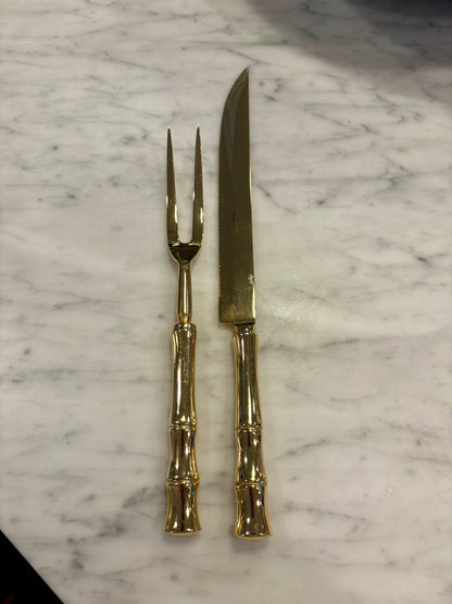 Vintage Gold Toned Carving Set with Bamboo Handles