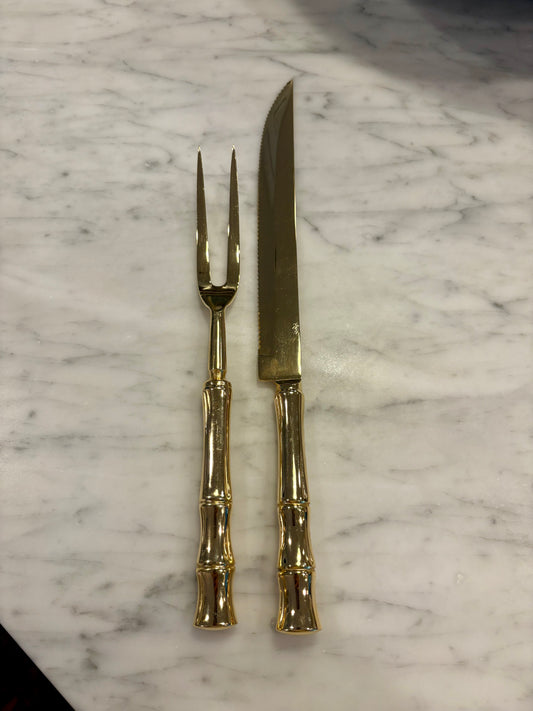 Vintage Gold Toned Carving Set with Bamboo Handles