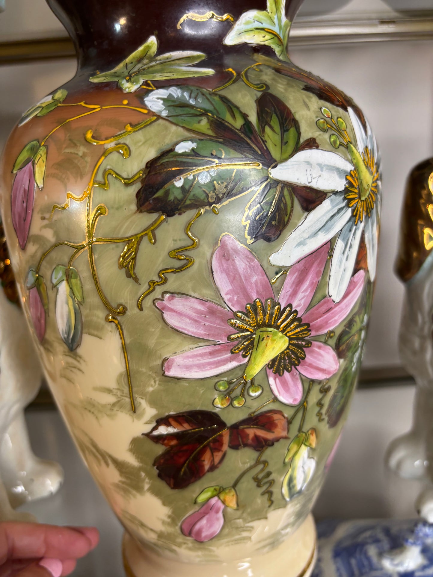 Stunning Bristol glass vase featuring handpainted florals!