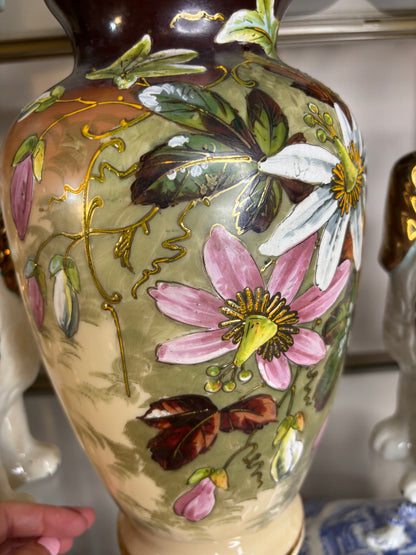 Stunning Bristol glass vase featuring handpainted florals!