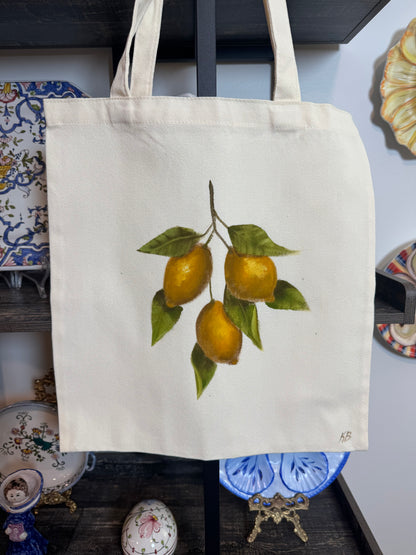 Lemons hand painted tote bag 15x14”