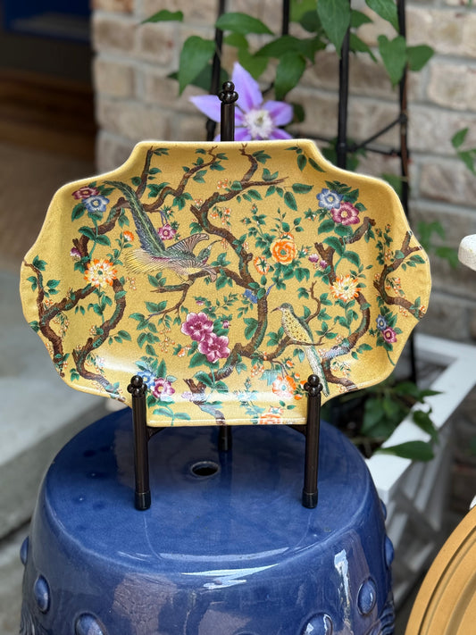 Danny’s Fine Porcelain - Yellow Hand-Painted Chinoiserie Porcelain Tray with Birds & Blossoms