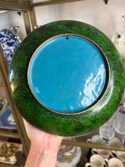 Gorgeous cloisonné green bowl featuring a bouquet and brass rim!