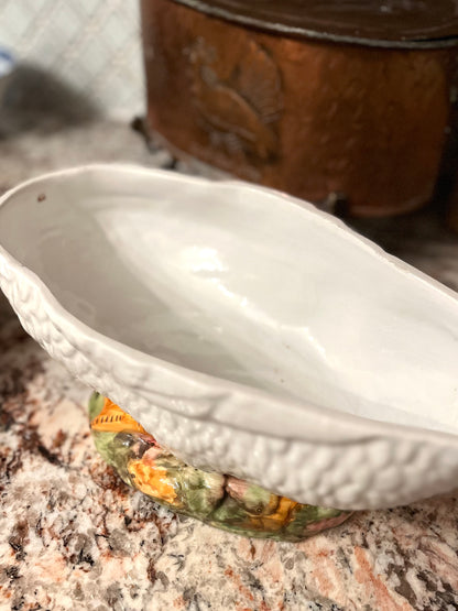 Elegant Mid Century Italian Hand Painted Goose Covered Dish – Base Greens, Rose & Gold