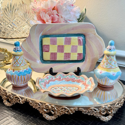 Vintage Painted glass  MacKenzie-Childs scalloped platter tray 10 x 6
