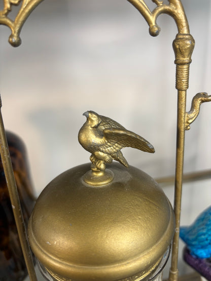 Stunning antique pickle jar in cast metal with bird details!