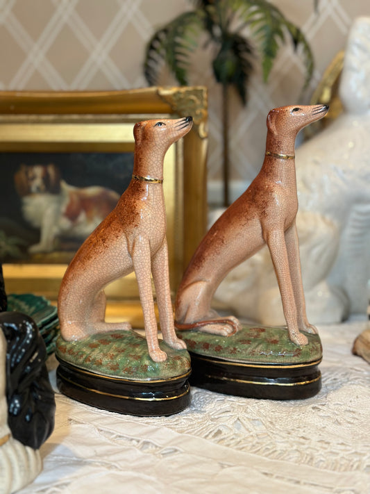Vintage Fitz & Floyd Whippet Dog Figure Pair, 7” tall Cobalt Base - Pristine!