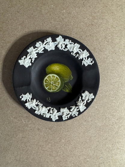 Live 06/22 Wedgwood small black and white dish with painted lime original art