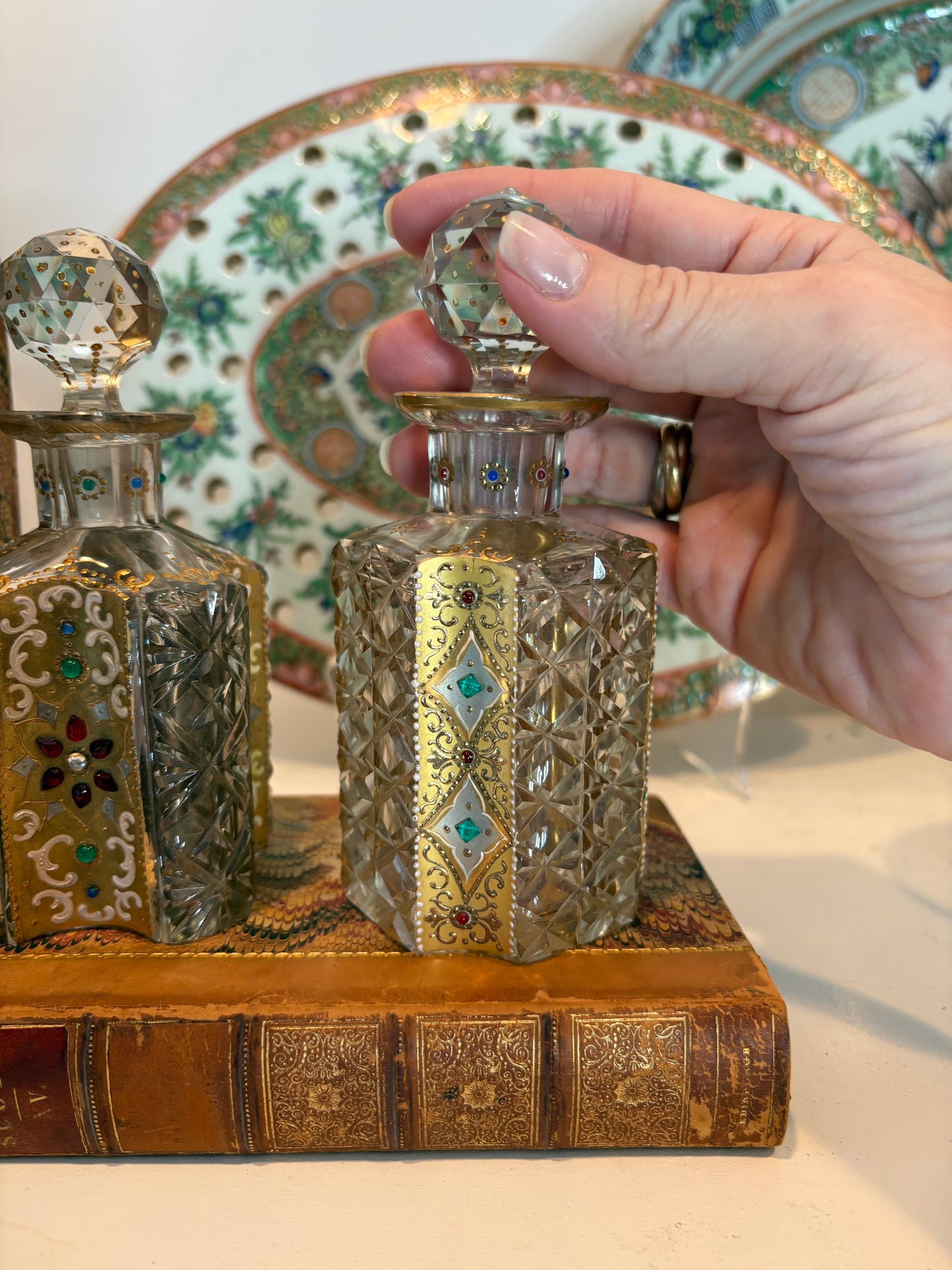 Spectacular Bohemian Cut Glass Perfume Bottles with Gilt enameling and Colorful Cobuchons
