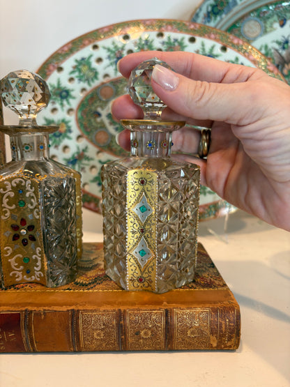 Spectacular Bohemian Cut Glass Perfume Bottles with Gilt enameling and Colorful Cobuchons