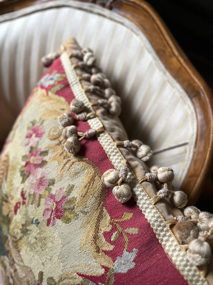 Pair of French Aubusson Hand Woven Mirror Image Rooster Pillows with Café-Latte Velvet Backs