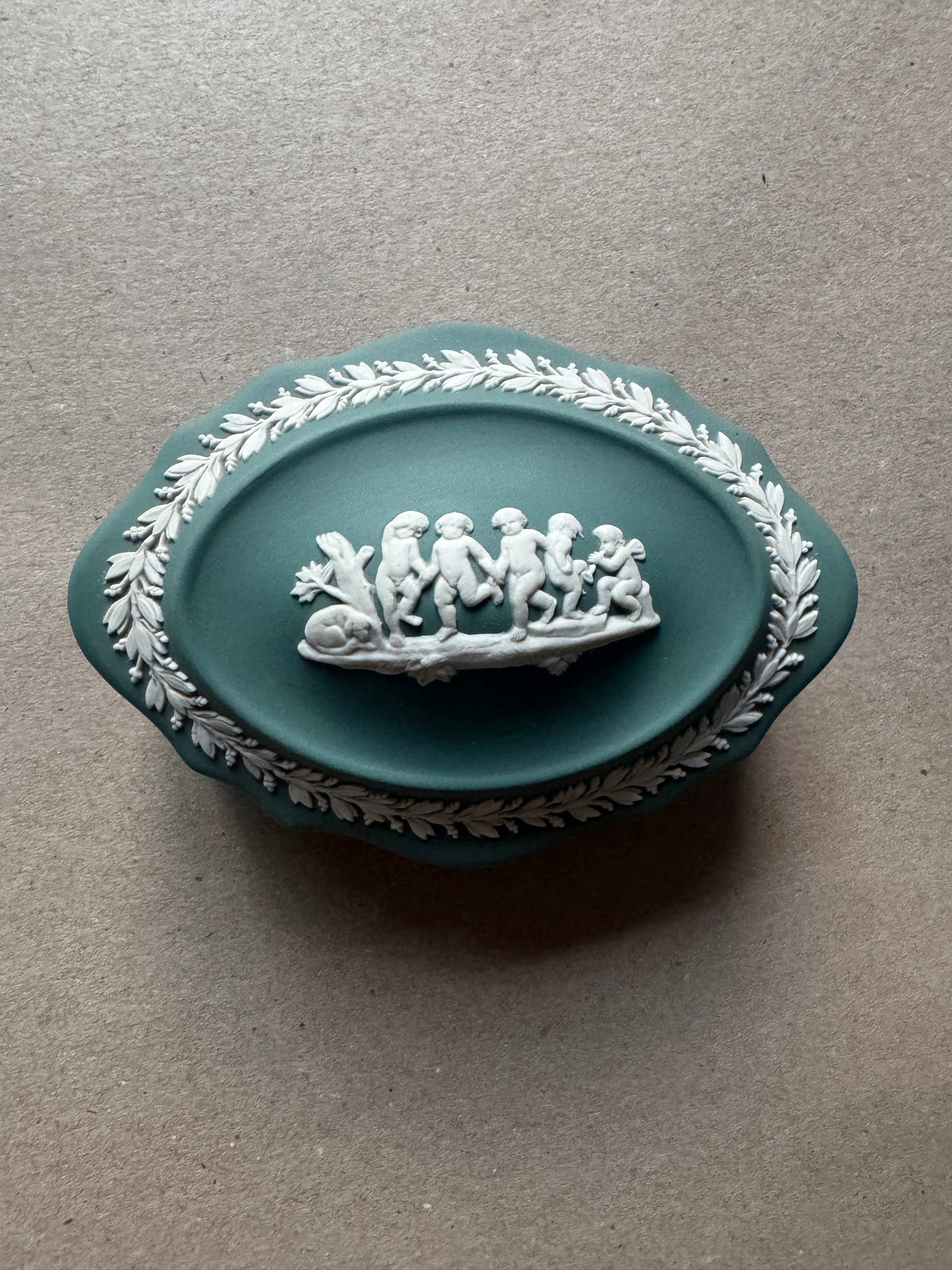 Cherub oval teal trinket box Wedgwood 4.5x3.5x1.5”