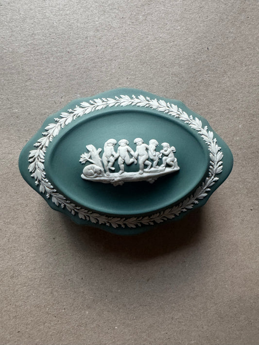 Cherub oval teal trinket box Wedgwood 4.5x3.5x1.5”